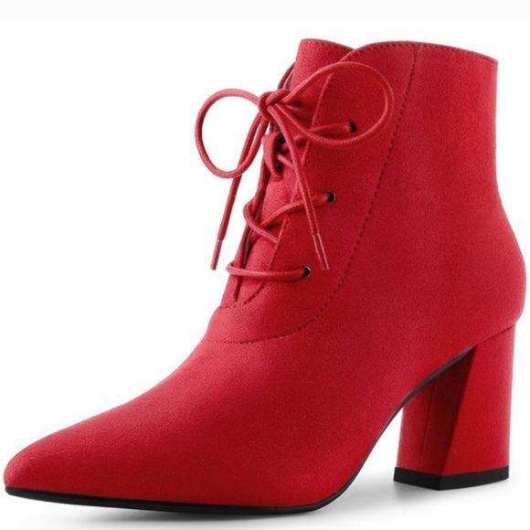 Perphy Shoes - Perphy Pointed Toe Lace Up Block Heel Ankle Boots (8) ~ Red (NIB)